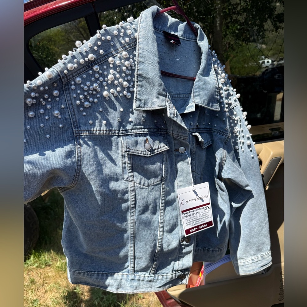 Pearl-Embellished Light Blue Denim Jacket - Casual Chic